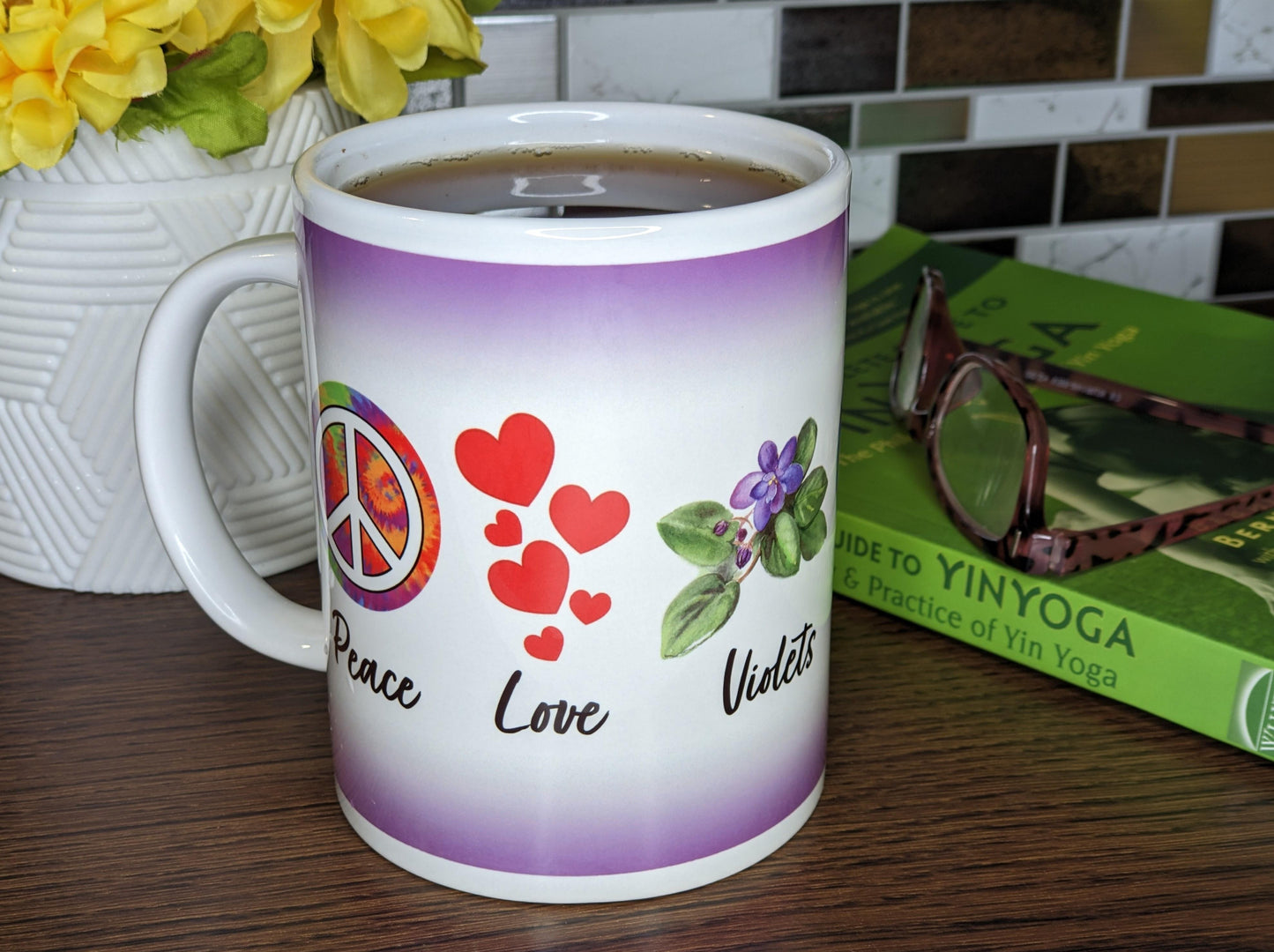 African violet ceramic 15oz mug Peace Love Violets