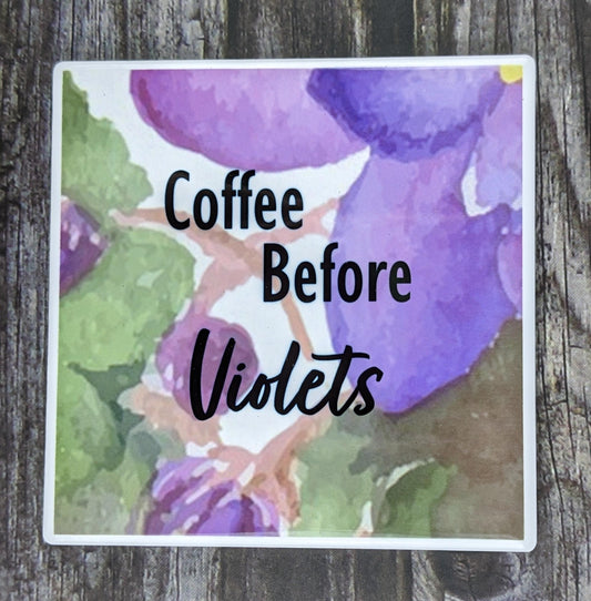 African violet ceramic coaster Coffee Before Violets