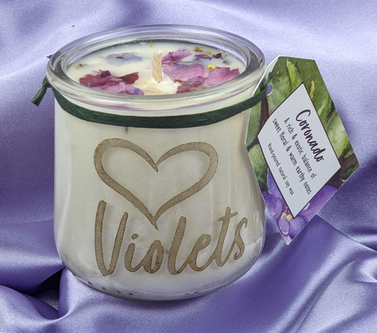 African violet candle dried violet flowers lavender amber myrrh