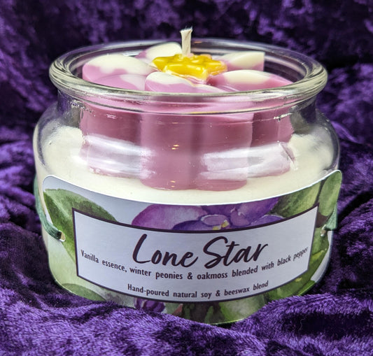 African violet pink flower soy and beeswax vanilla peonies oakmoss black pepper