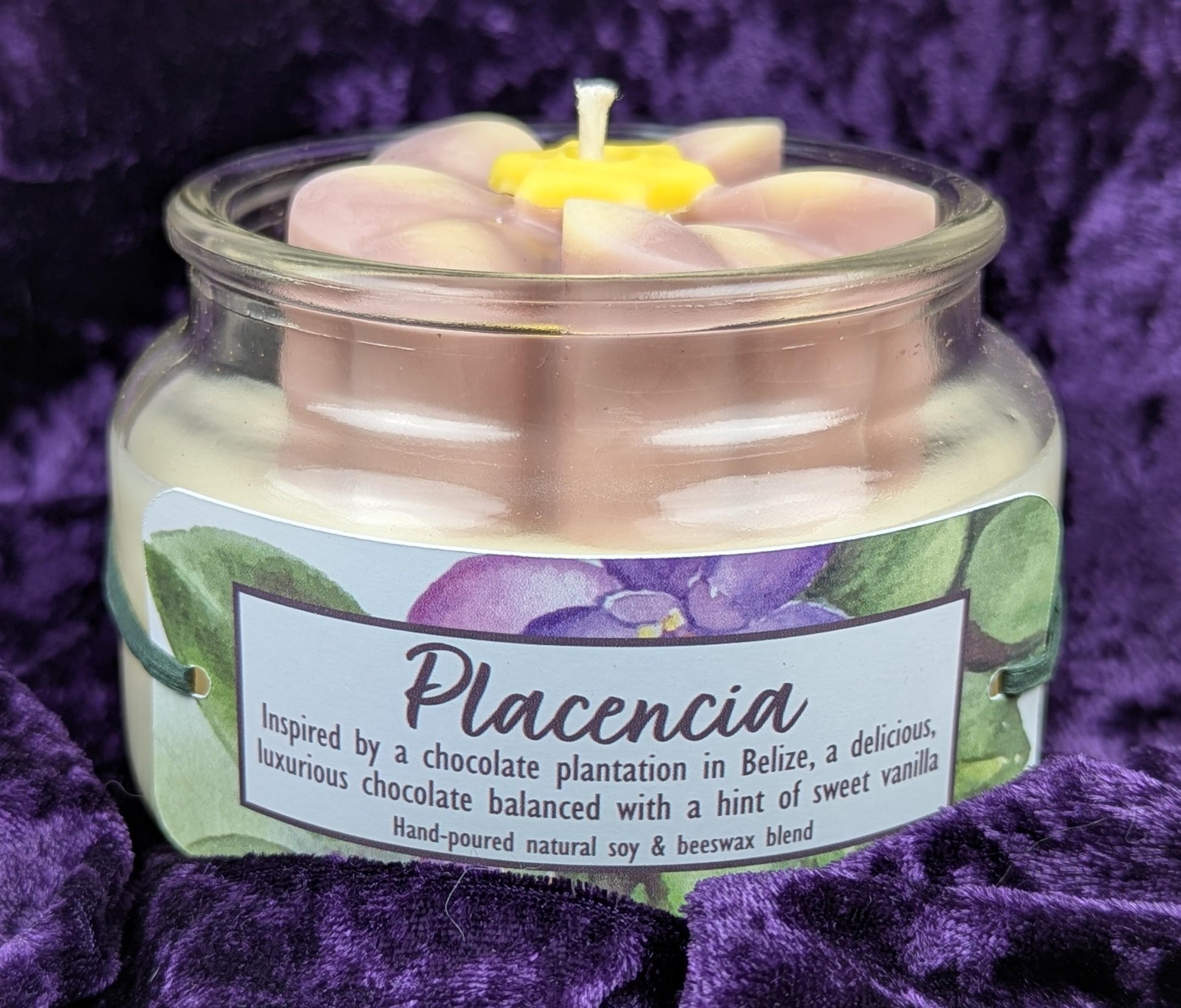 African violet candle pink flower soy and beeswax chocolate and vanilla