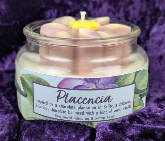 African violet candle pink flower soy and beeswax chocolate and vanilla