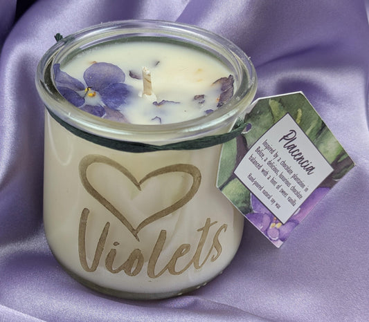African violet candle dried violet flowers chocolate and vanilla
