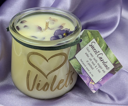 African violet candle dried violet flowers sweet vanilla musk patchouli