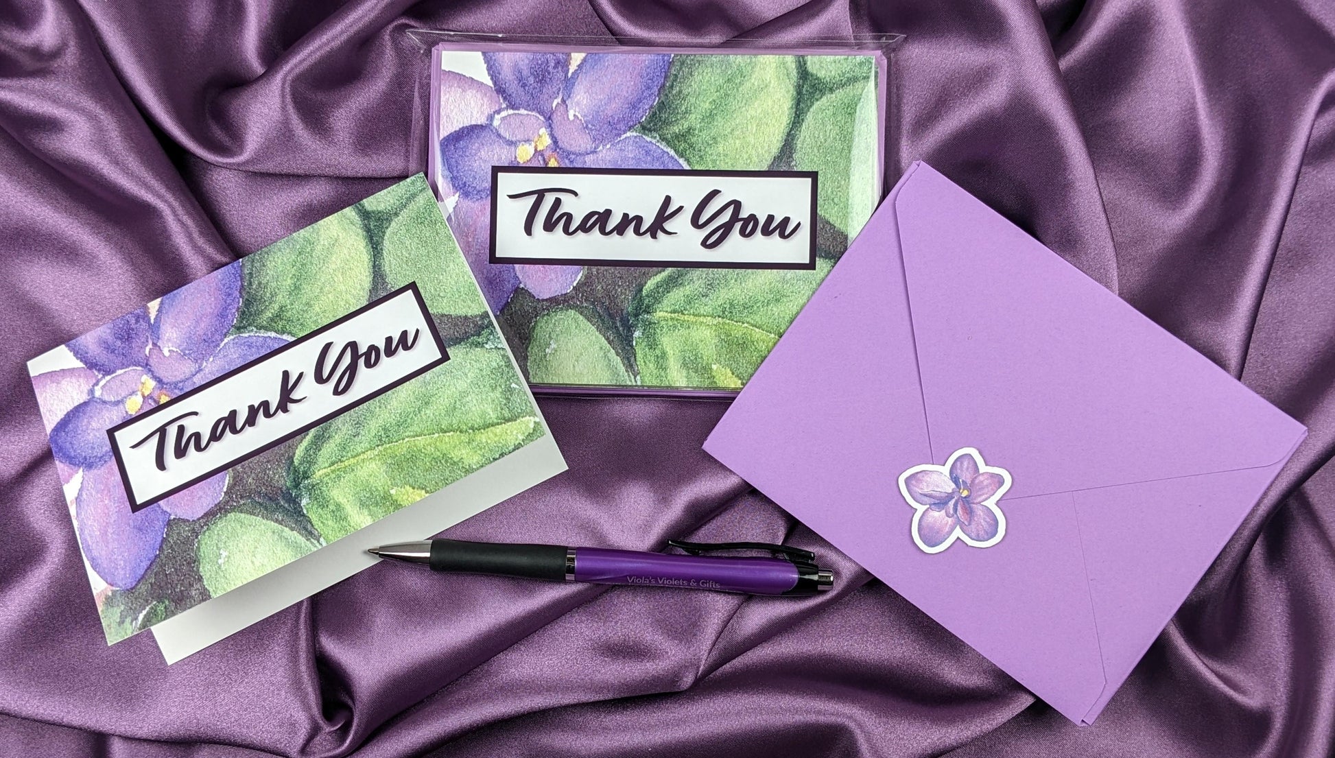 African violet thank you notecards 4x5.25" blank inside glossy outside envelope and sticker