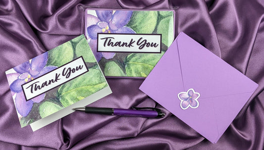 African violet thank you notecards 4x5.25" blank inside glossy outside envelope and sticker