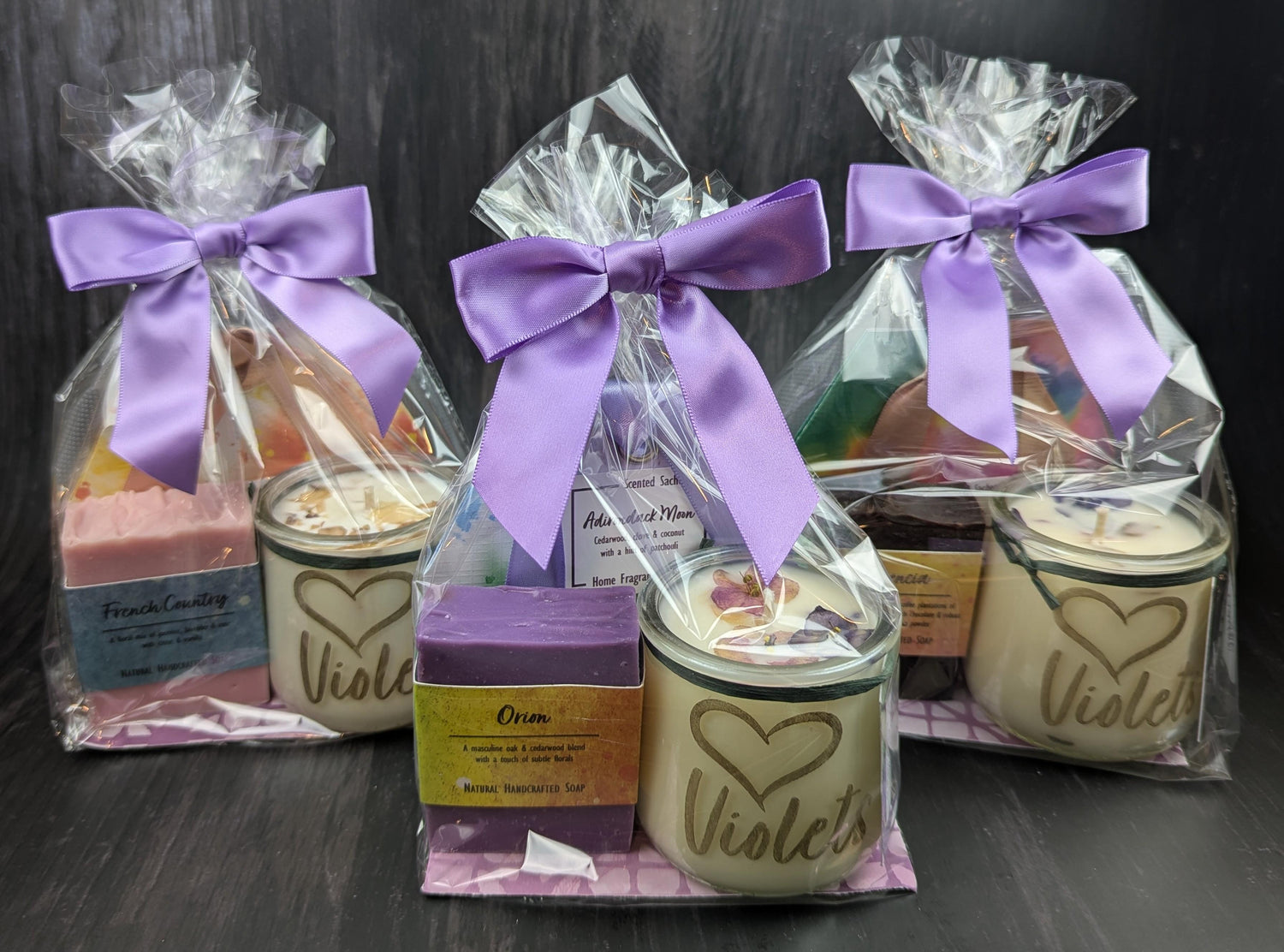 African violet gift with candle soap sachet