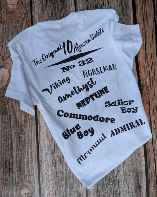Unisex cotton t-shirt Original 10 African violet names back