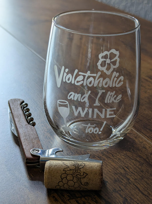 Stemless wine glass etched African violet Violetoholic