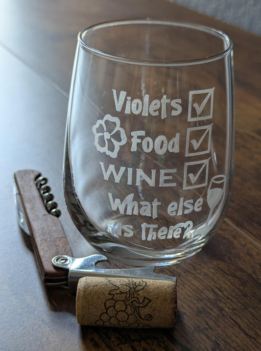 Stemless wine glass etched African violet Violet Food Wine