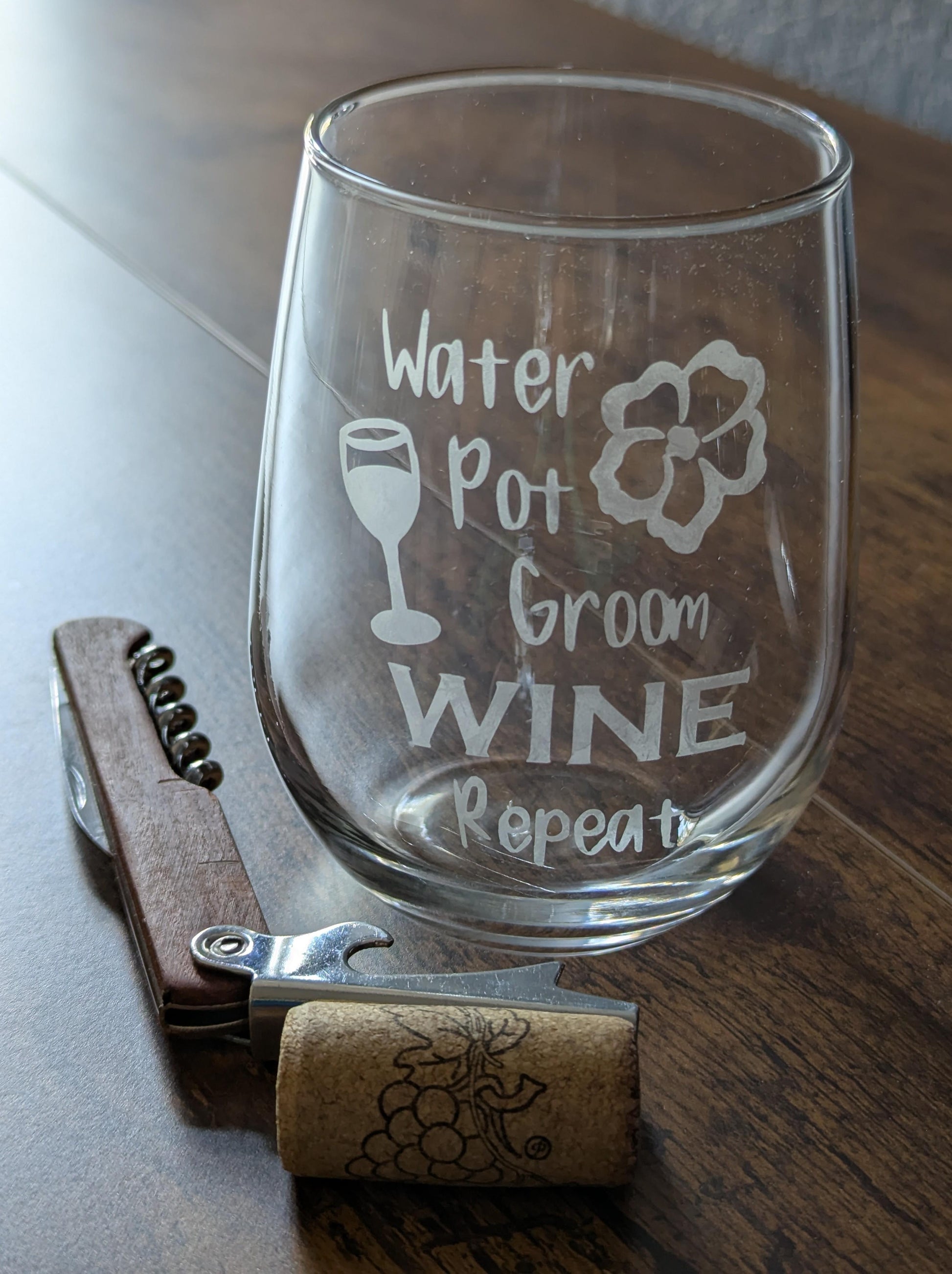Stemless wine glass etched African violet Water Pot Groom Wine Repeat