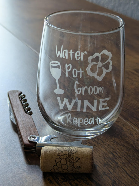 Stemless wine glass etched African violet Water Pot Groom Wine Repeat
