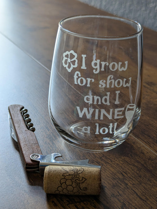 Stemless wine glass etched African violet I grow for show